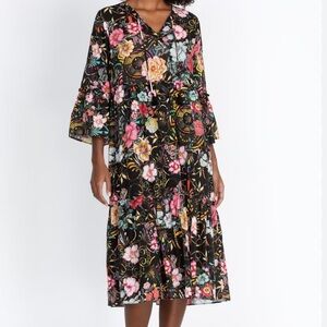 Johnny Was Peace Ruffle Tiered Dress Multicolor Floral Long Sleeve